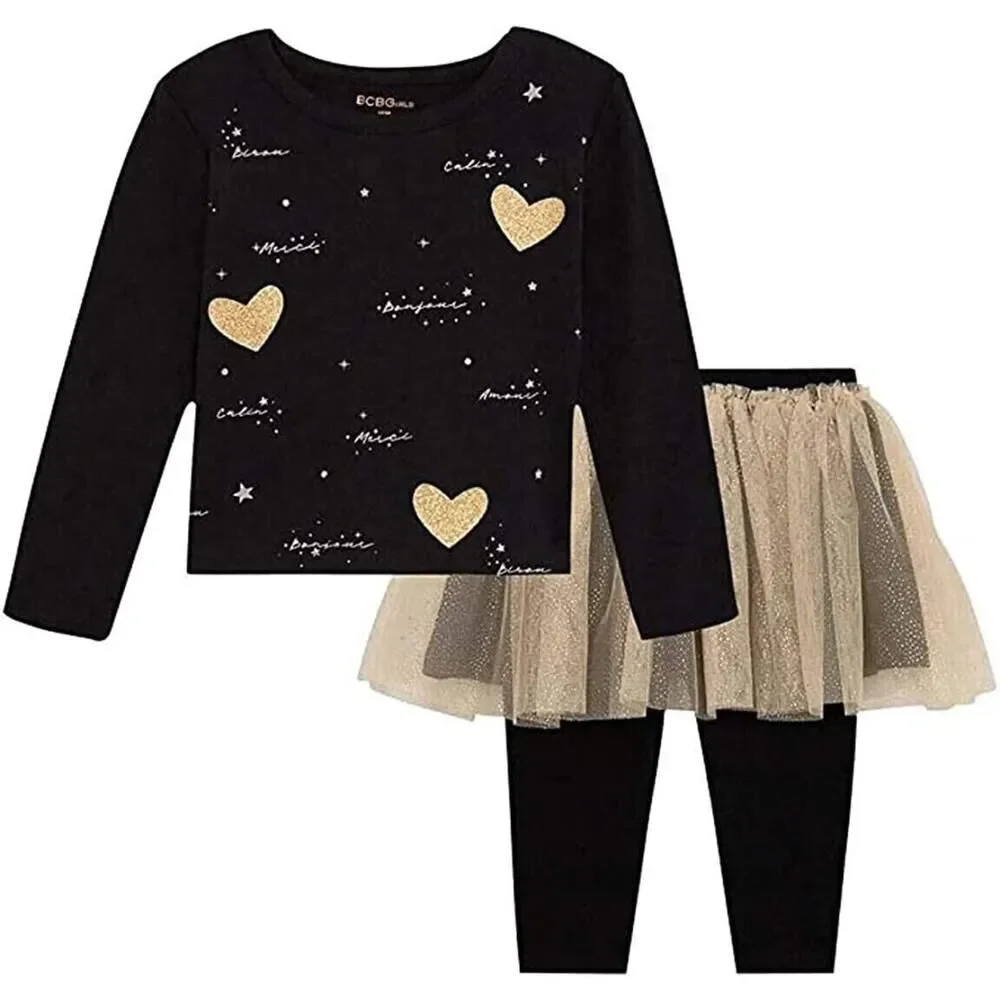 BCBG Girls Black Gold Pants Leggings Tutu Skirt & Top Outfit 2 Piece Set 5T